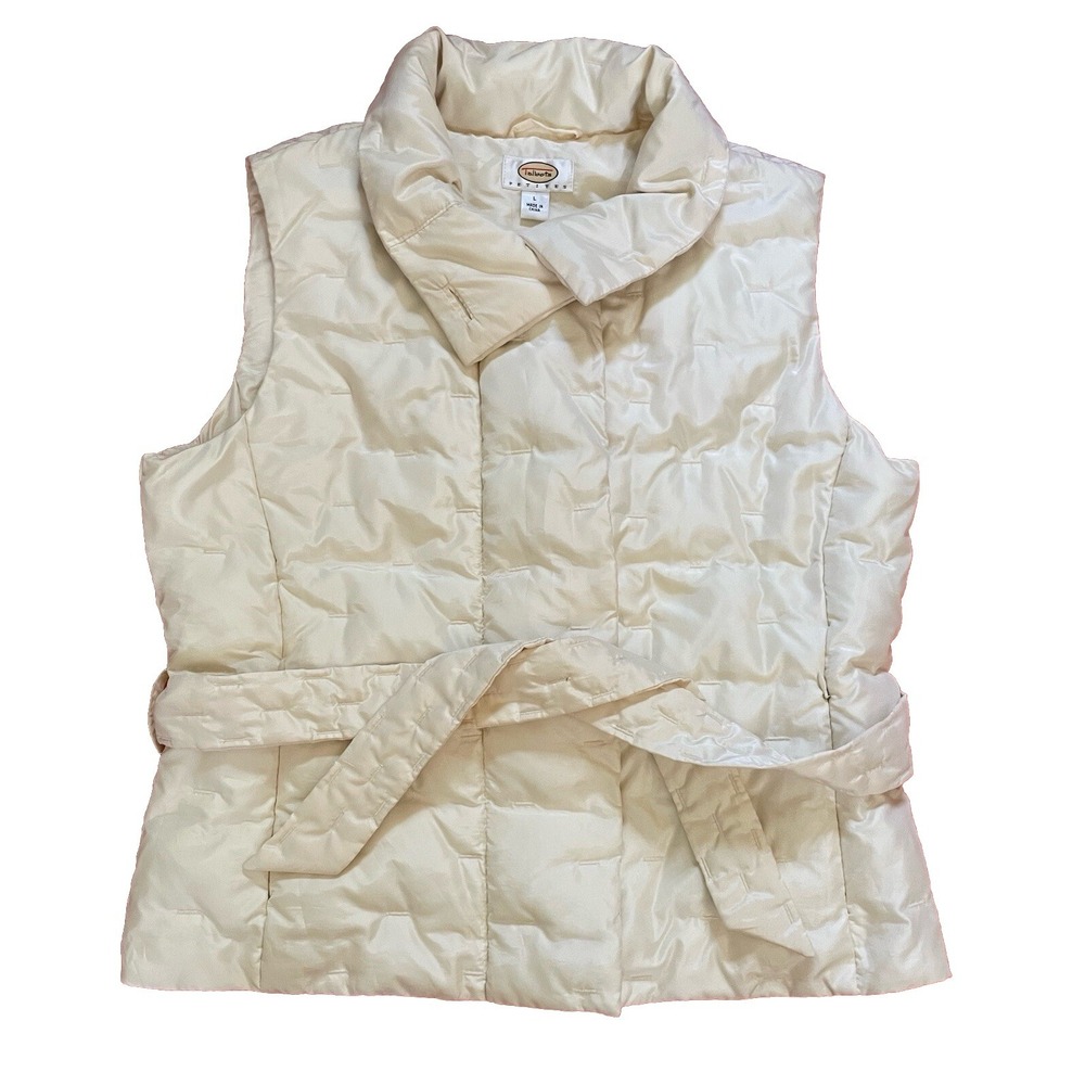 Talbots Petite Puffy Vest Sz‎ Large Ivory Zip Snap Closure Zipper Pockets Belted